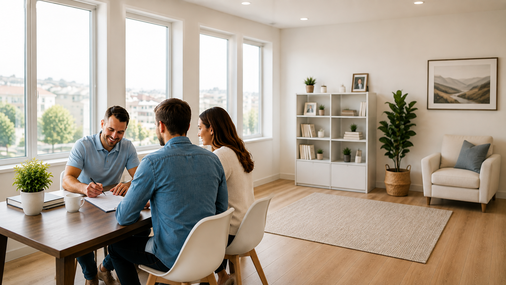 A couple reviewing paperwork with their agent