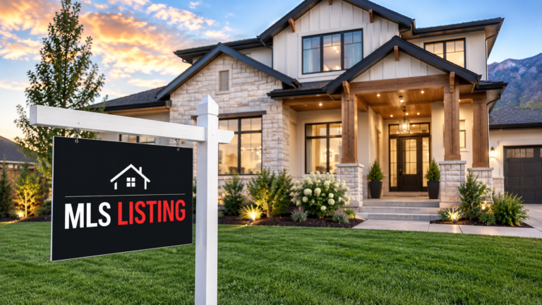 An MLS listing sign in front of a home