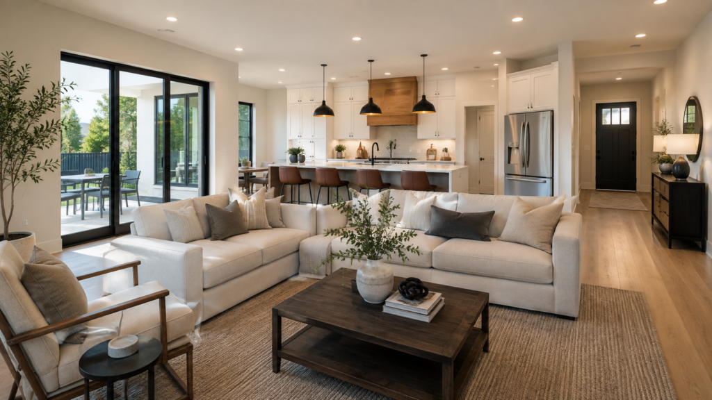 An open-plan living room and kitchen
